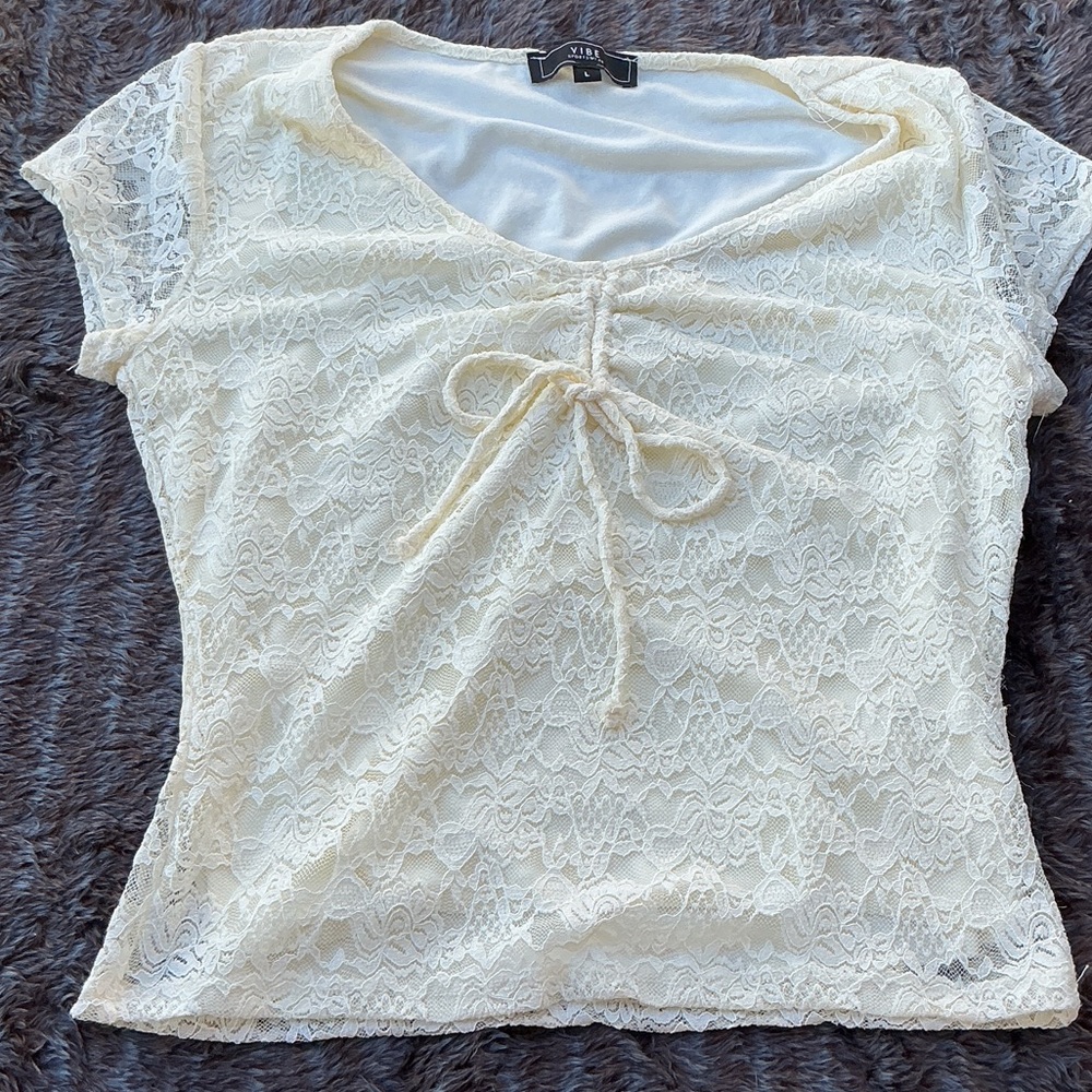Vibe Cream Lace Short-Sleeve Tie-Front Blouse